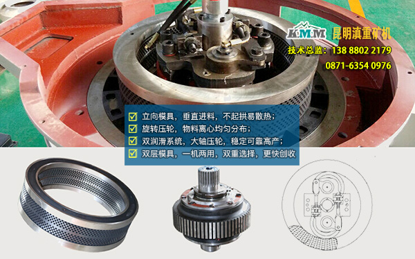 雙層、立向模具、旋轉(zhuǎn)壓輪等顆粒機(jī)內(nèi)部示意圖